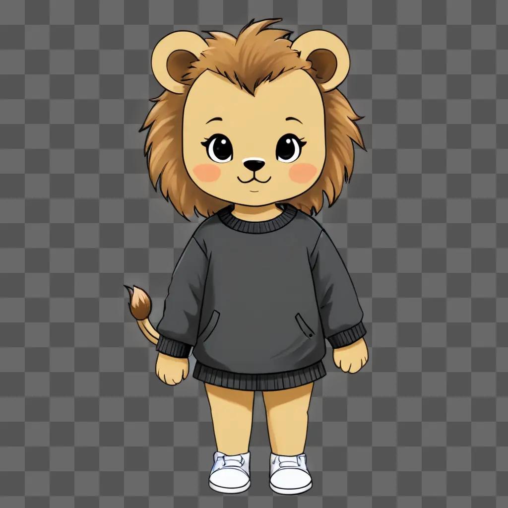 kawaii cute lion drawing A cartoon lion in a sweater on a brown background