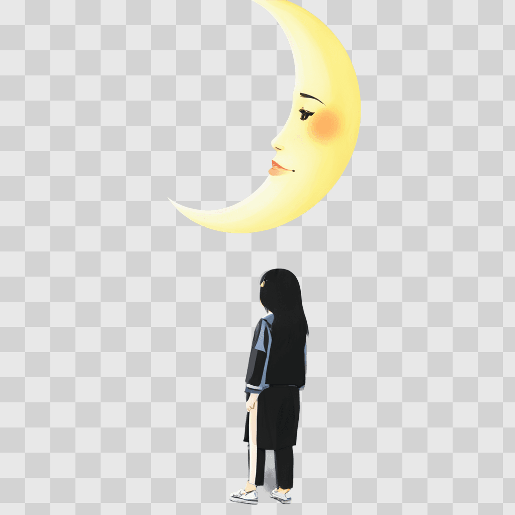 kawaii cute moon drawing A girl looking up at a glowing moon