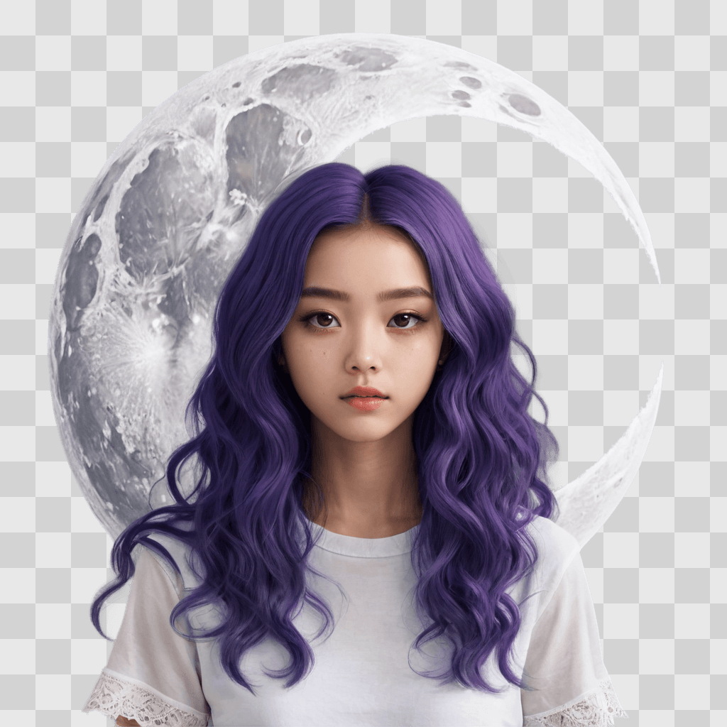 kawaii cute moon drawing A girl with purple hair poses in front of a crescent moon