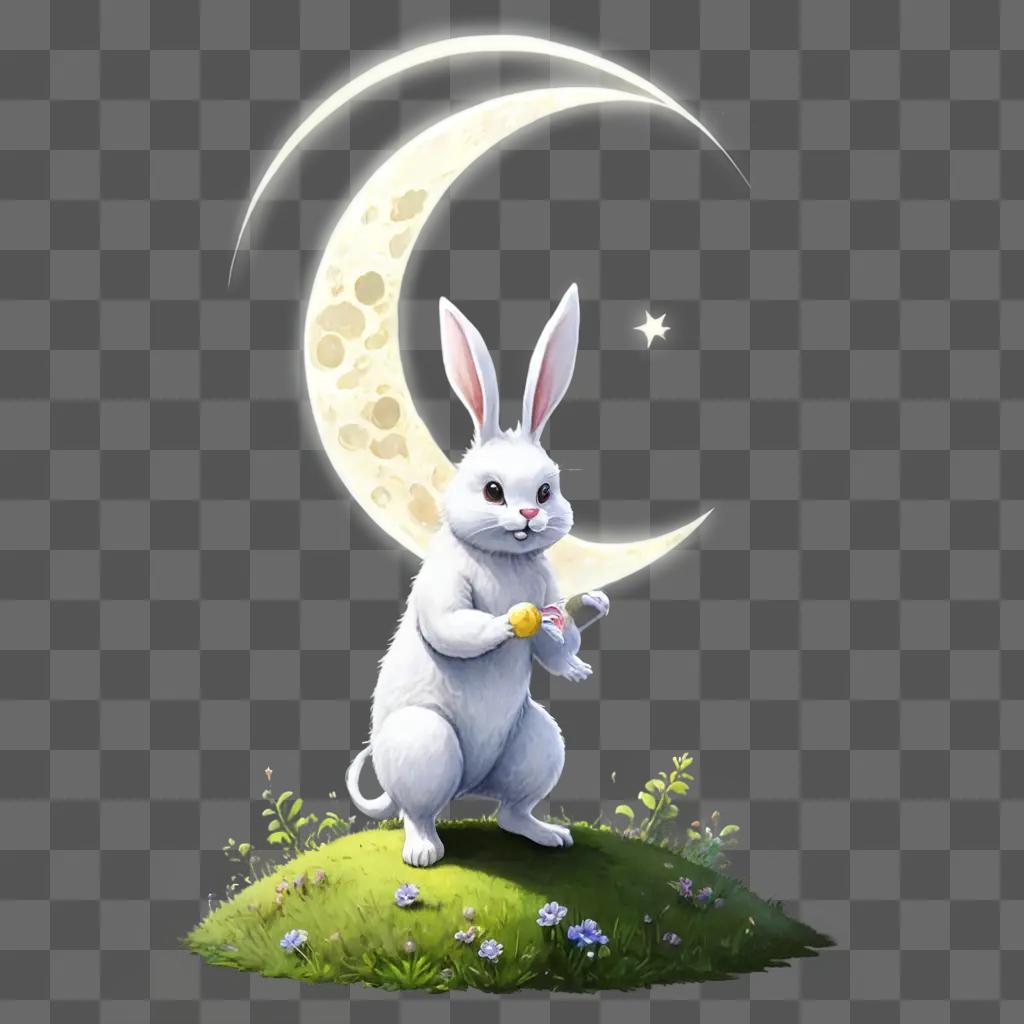 kawaii cute moon drawing A white bunny stands on a green hill