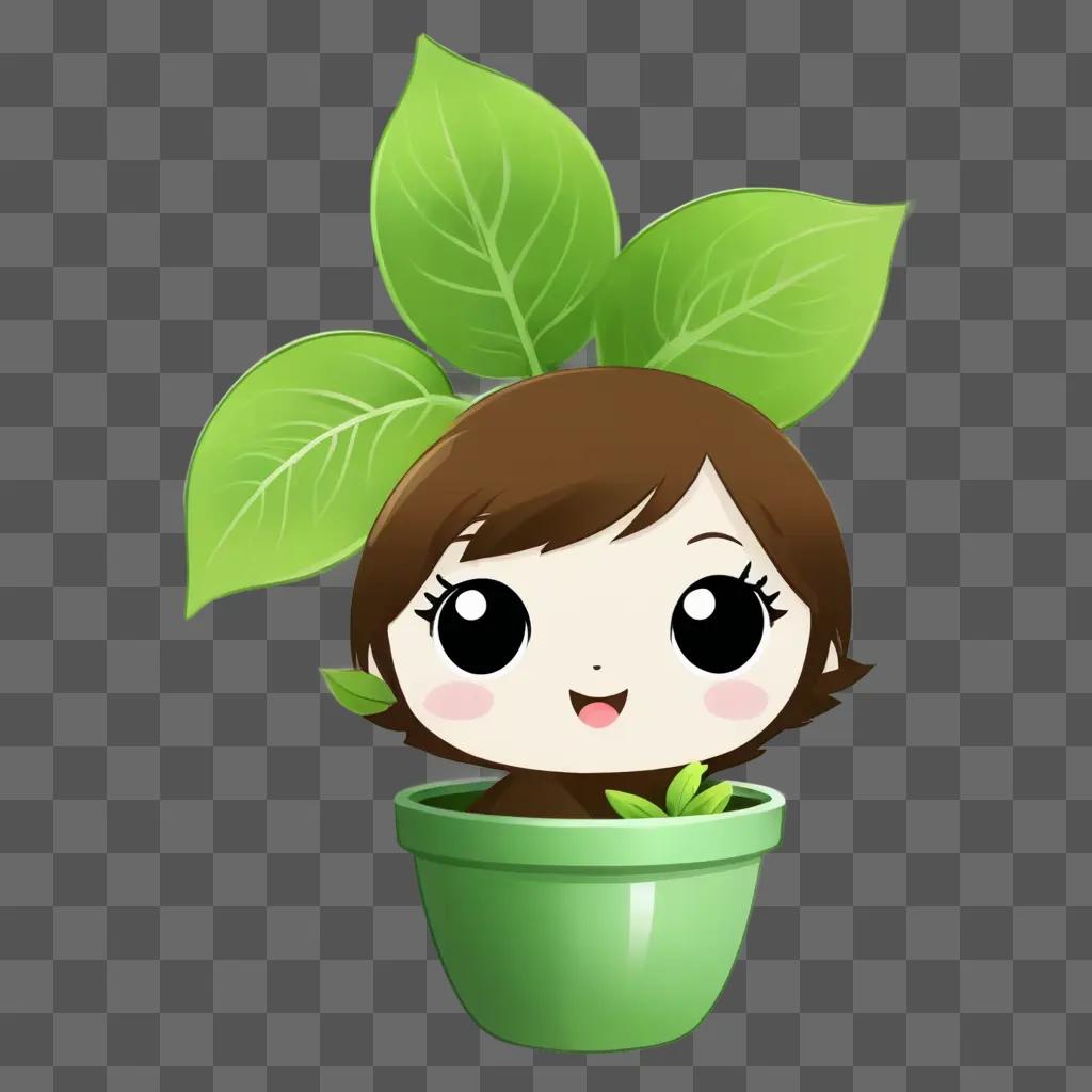 kawaii cute plant drawing A cartoon girl is in a green plant pot