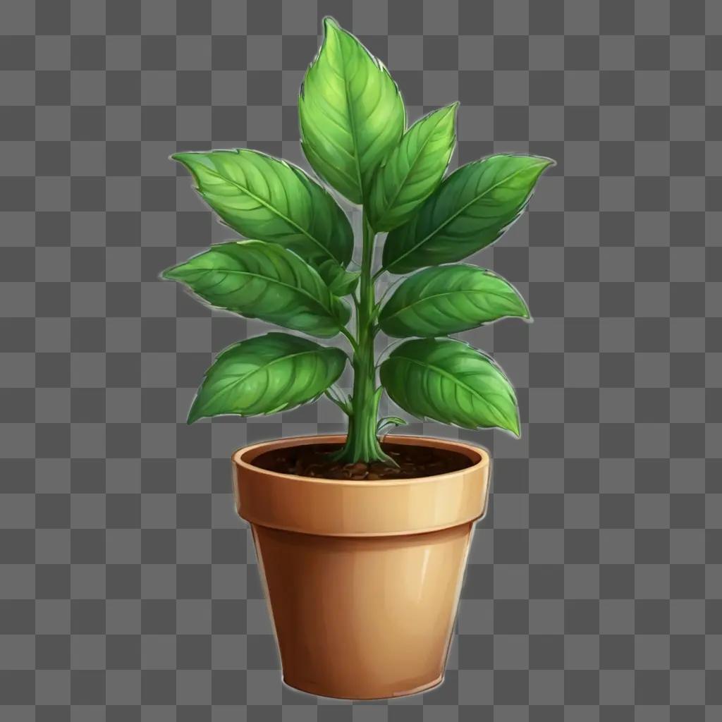 可愛いかわいい植物の絵 陶器の鉢に緑の植物