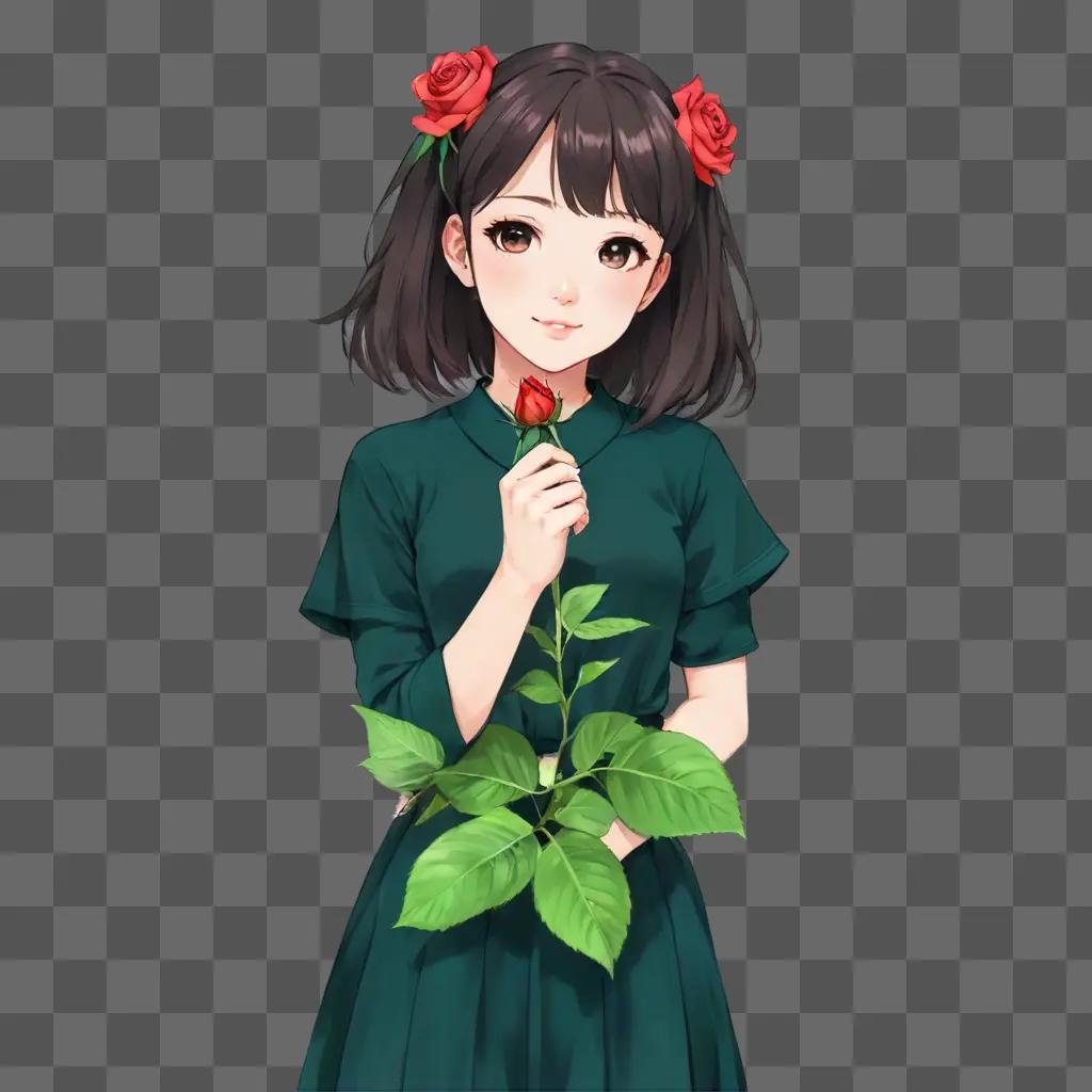 kawaii cute rose drawing A girl in a green dress holds a rose