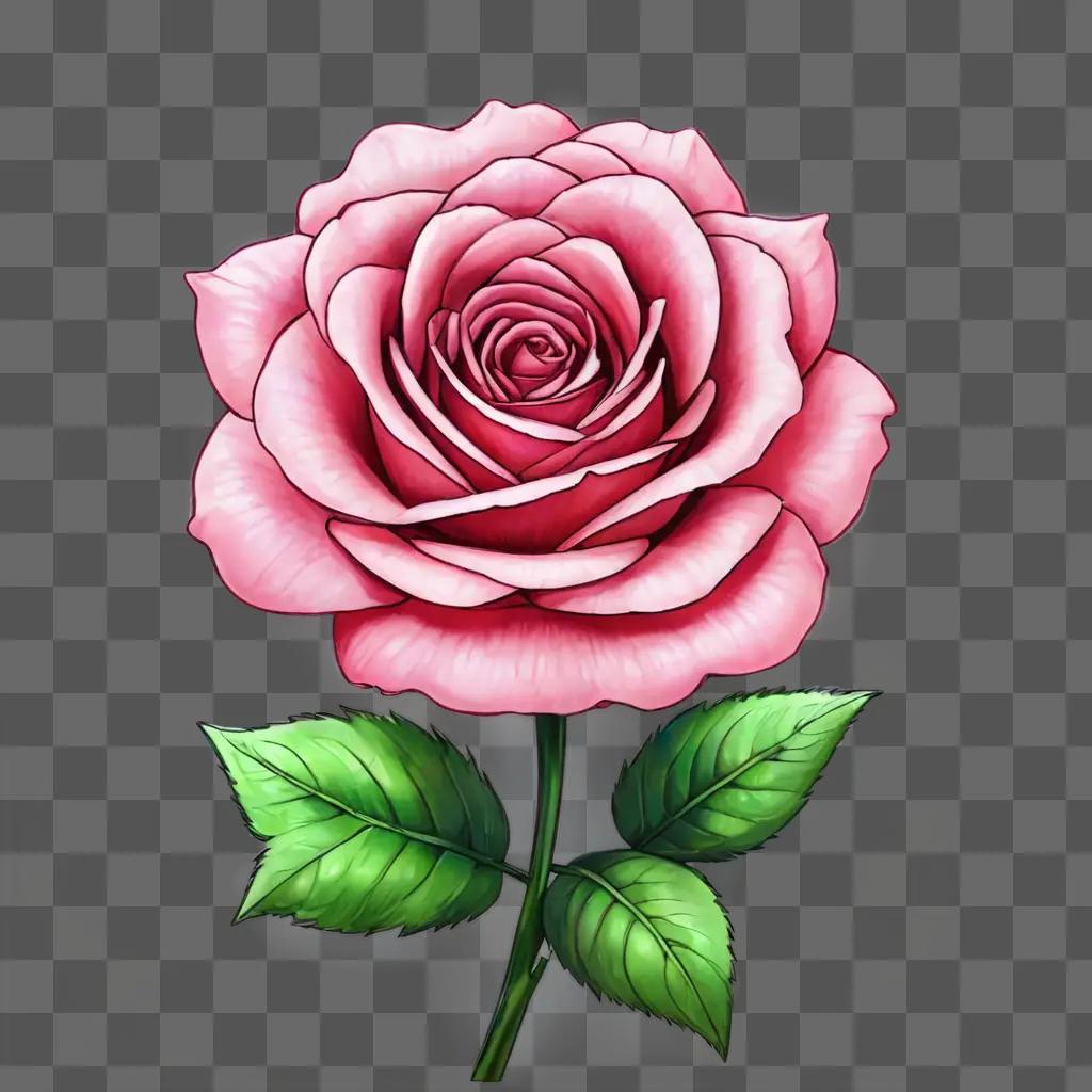 kawaii cute rose drawing A pink rose with green leaves against a pink background