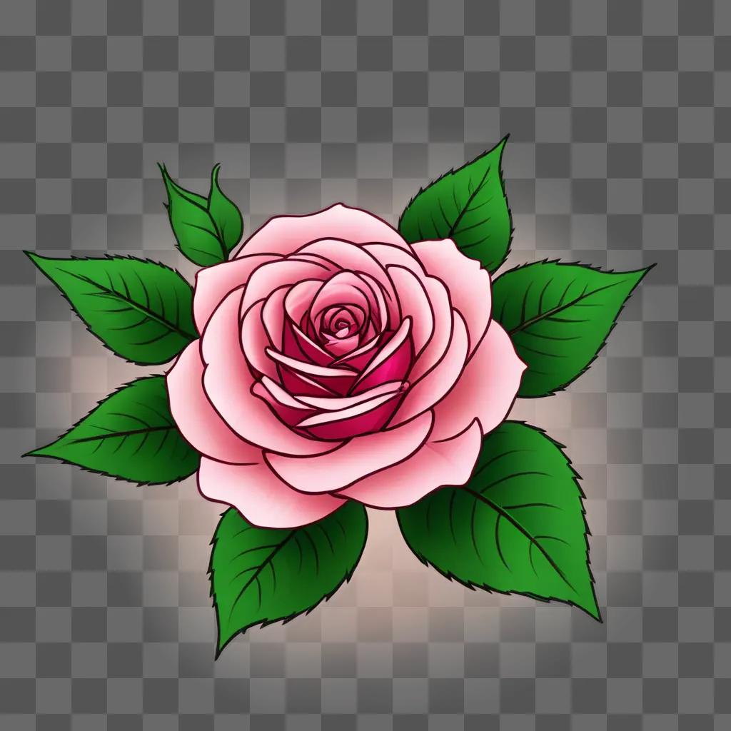 kawaii cute rose drawing A pink rose with green leaves in a stylized drawing