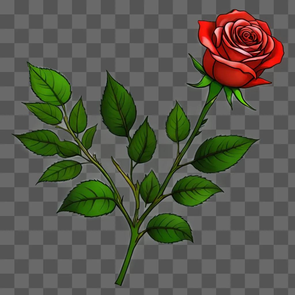 kawaii cute rose drawing A red rose with green leaves on a green background