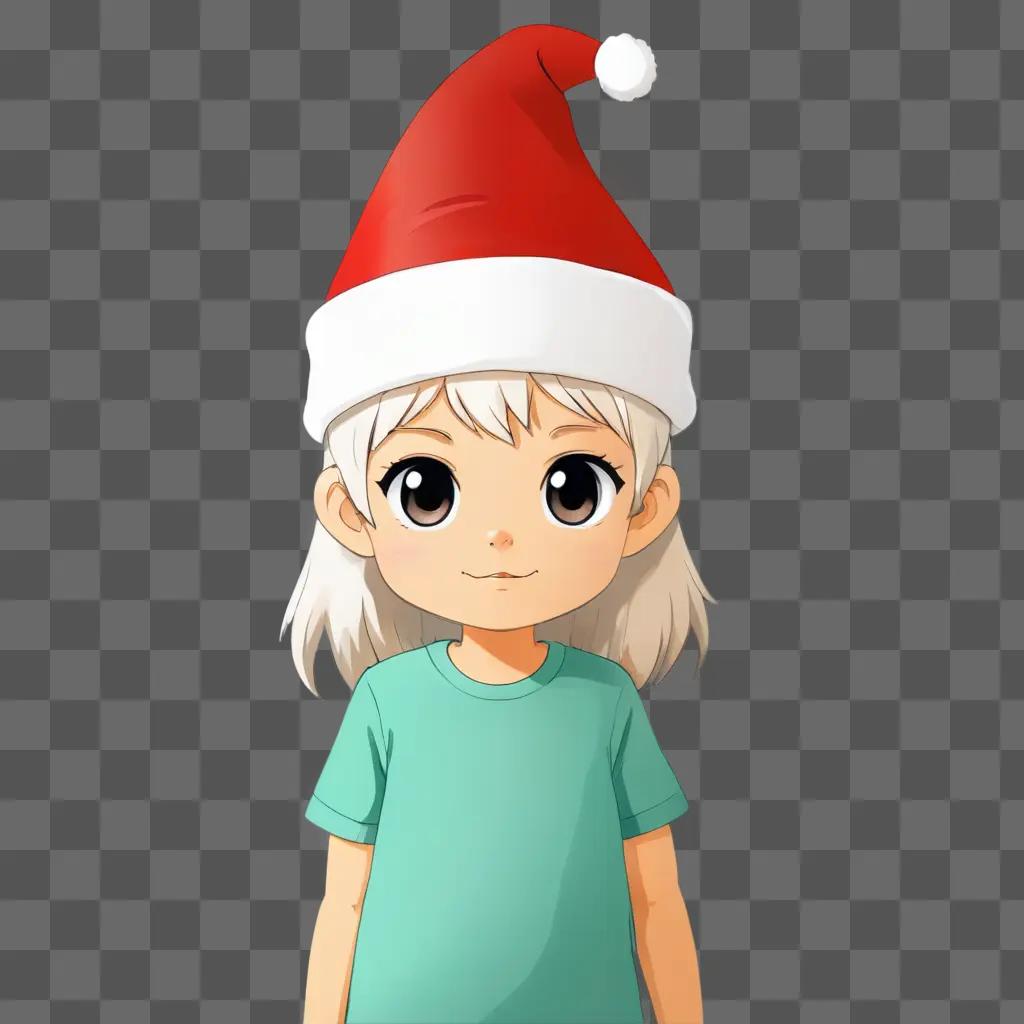 kawaii cute santa hat drawing A girl in a Santa hat stands in front of a beige background