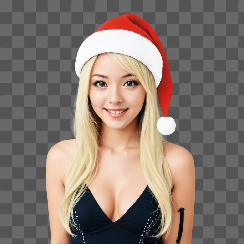 kawaii cute santa hat drawing A pretty girl wearing a santa hat