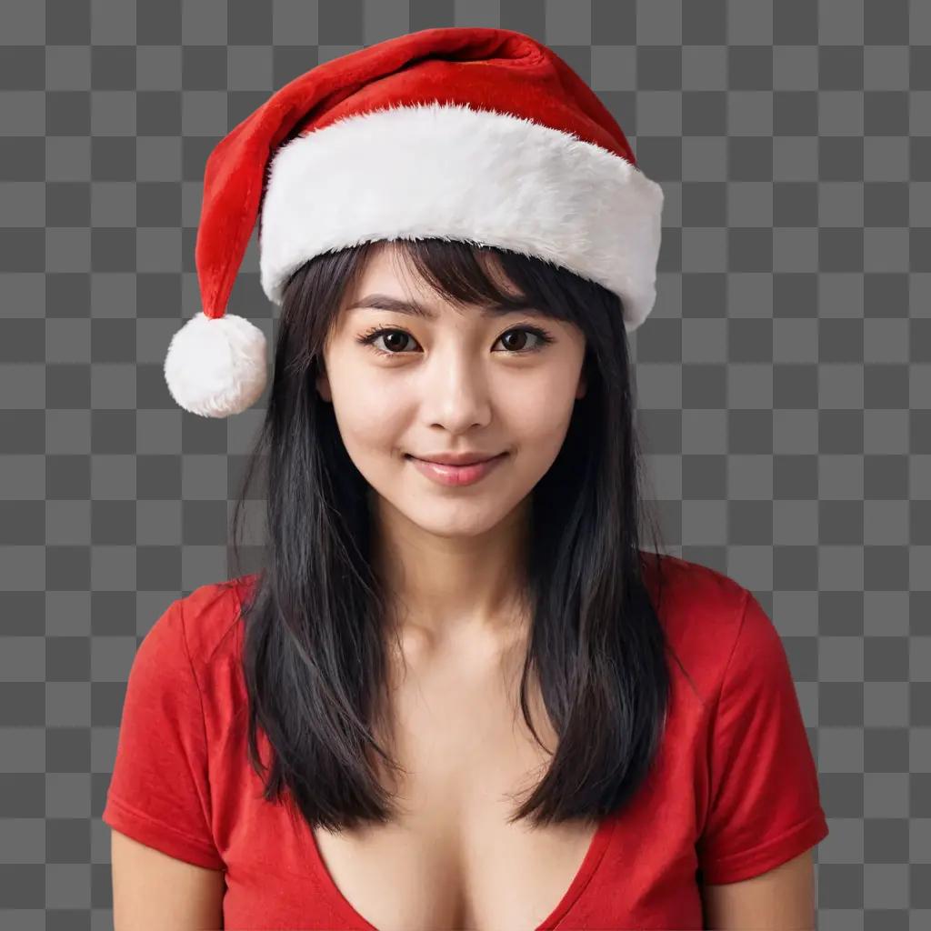 kawaii cute santa hat drawing A pretty young woman wearing a red Santa hat