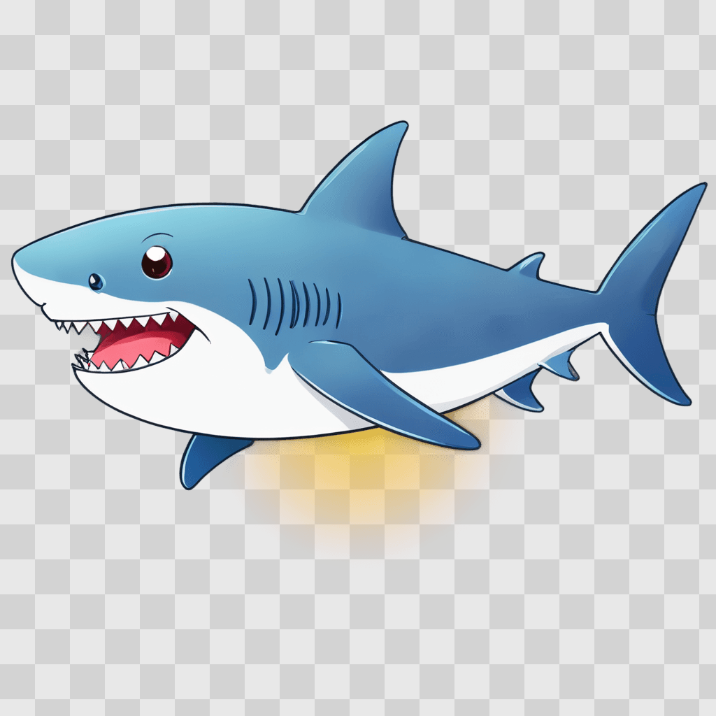 kawaii cute shark drawing A cartoon shark with a bright sun in the background