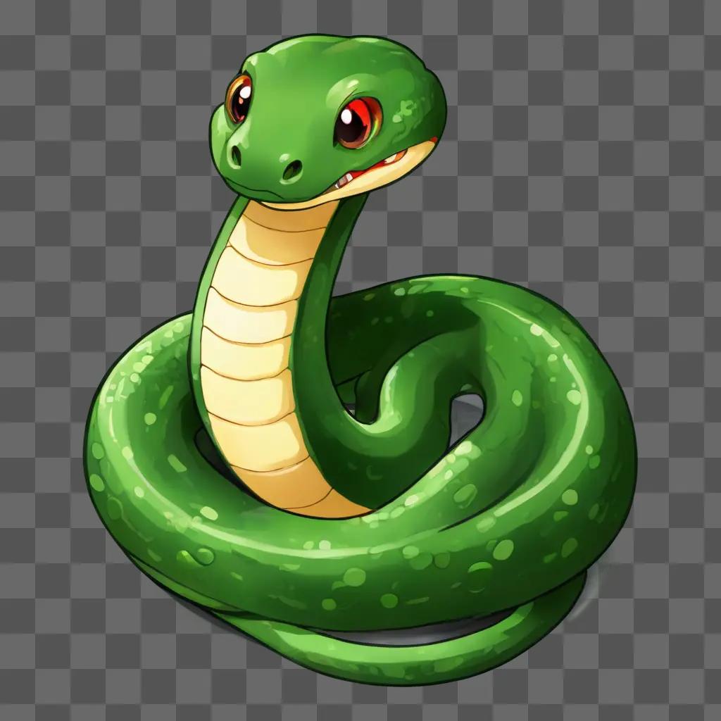 kawaii cute snake drawing A green snake with red eyes and a black spot on its head