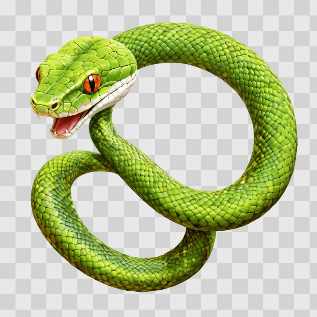 kawaii cute snake drawing A green snake with red eyes and mouth open