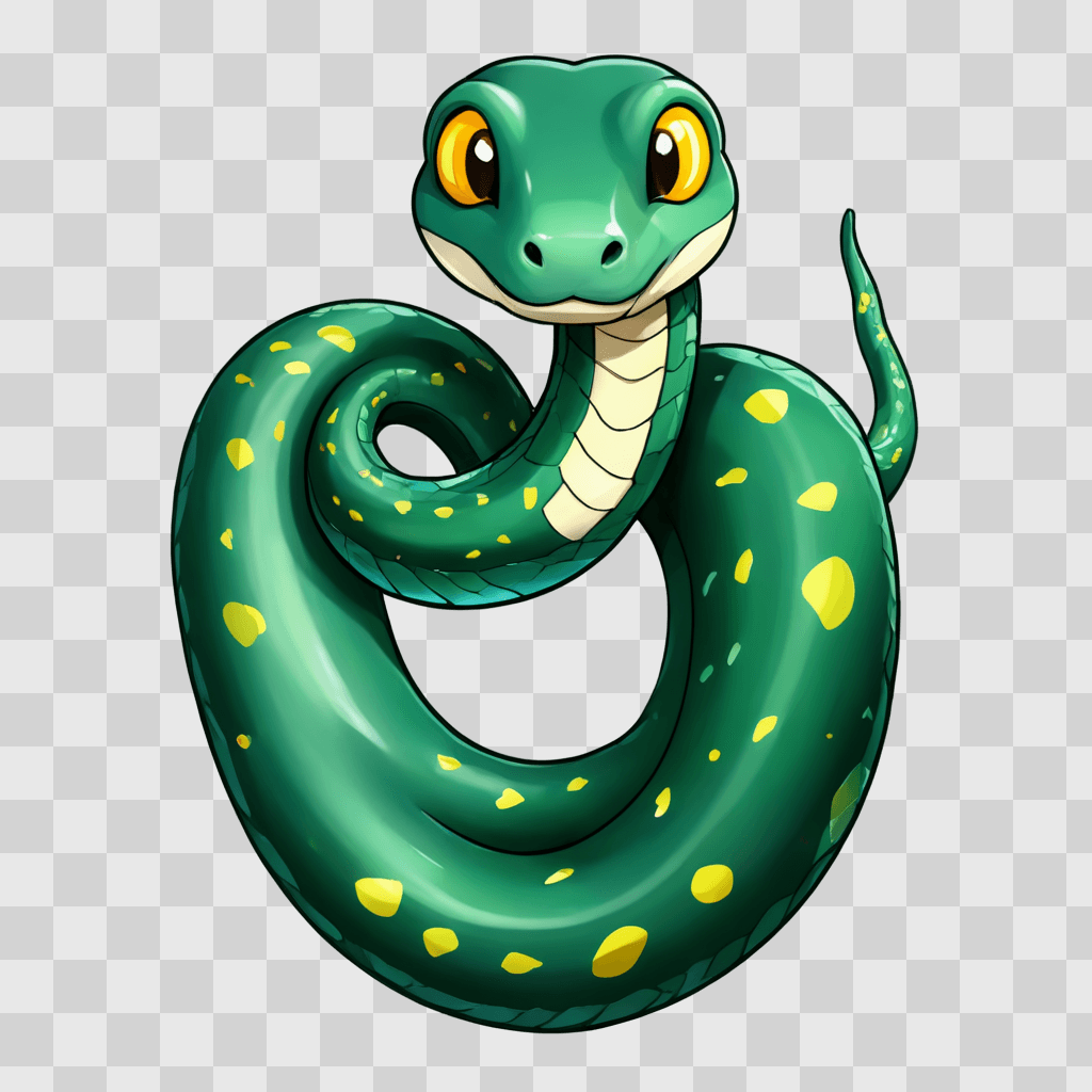 kawaii cute snake drawing Green snake with yellow spots on a green background