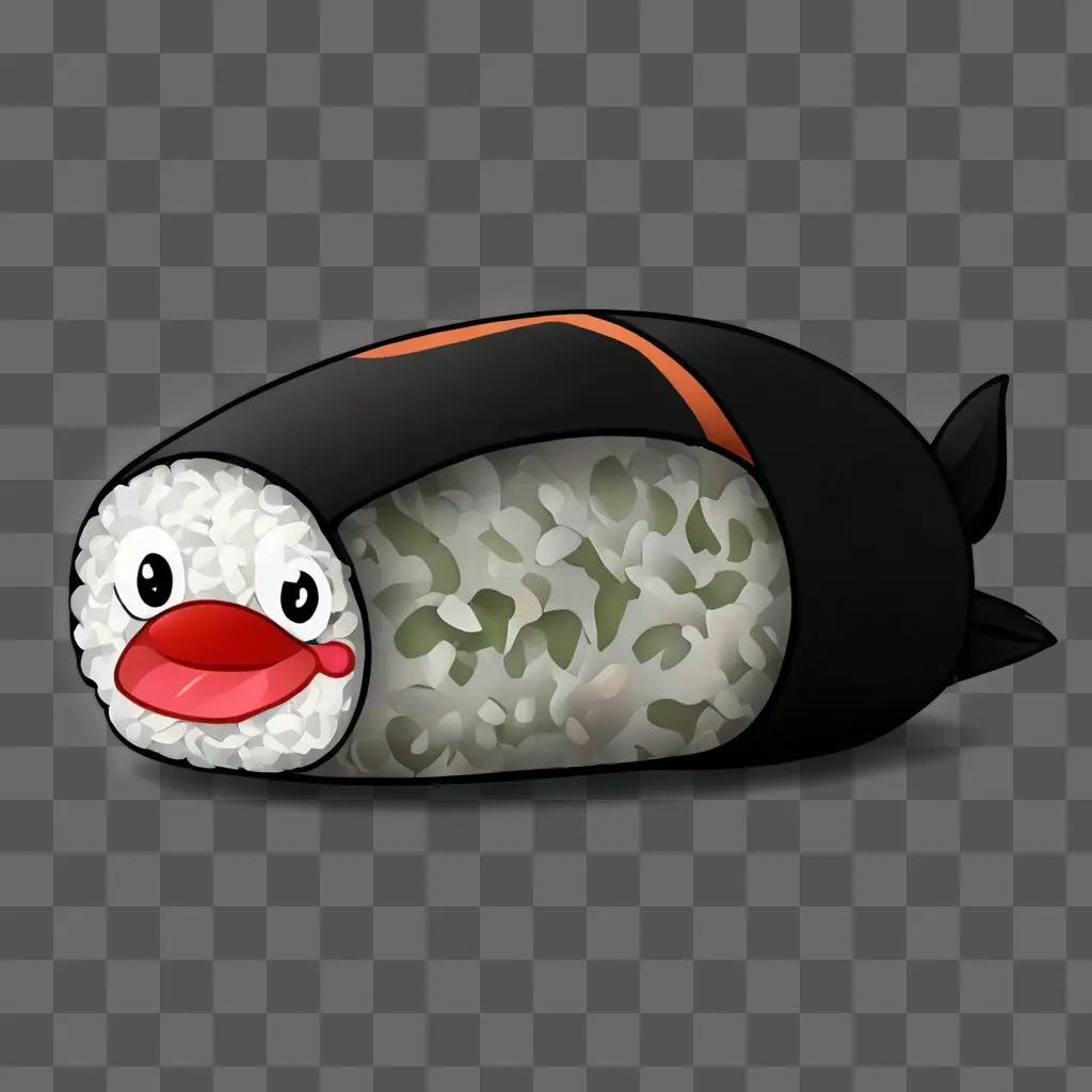 kawaii cute sushi drawing A cartoon sushi roll with a red nose and orange stripe