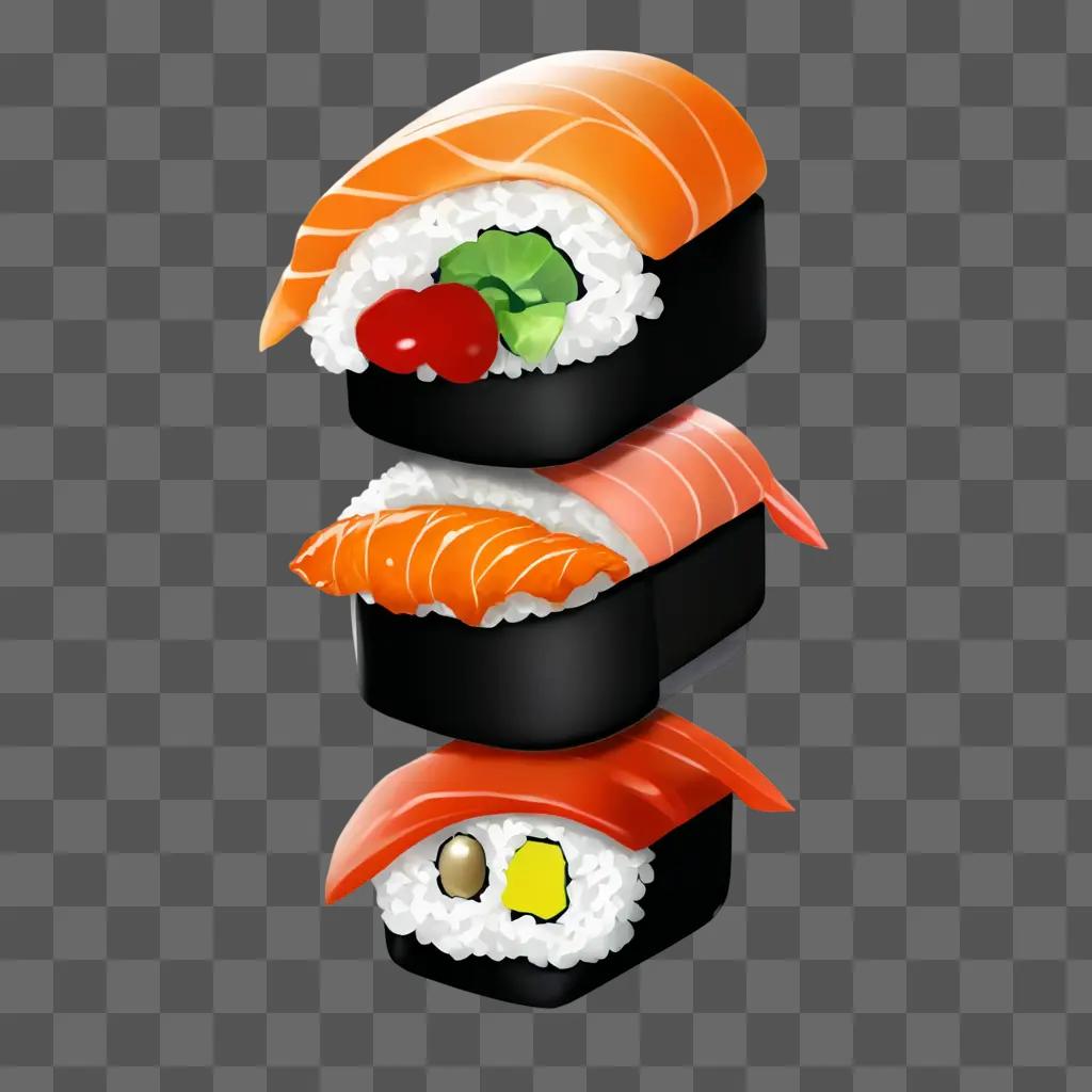 kawaii cute sushi drawing A trio of sushi rolls with various fillings