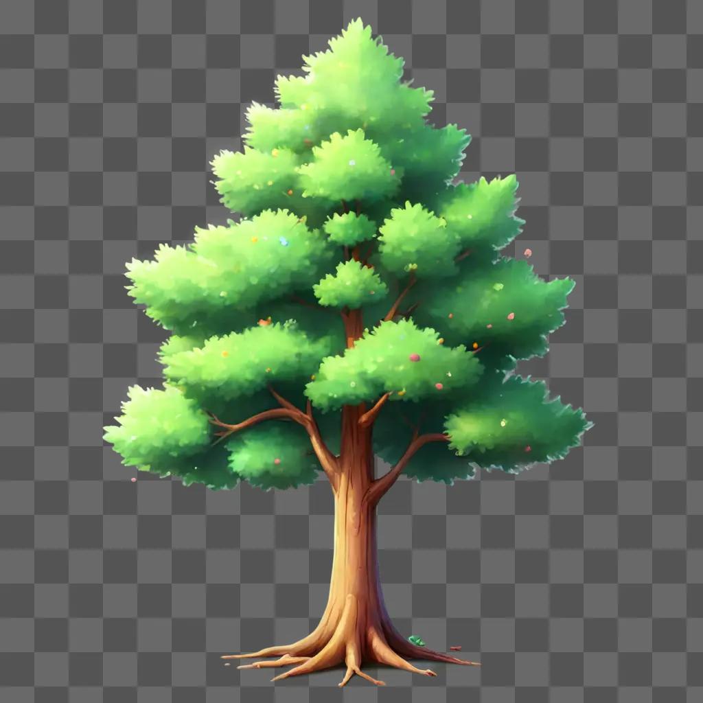 kawaii cute tree drawing A green tree stands alone against a green background