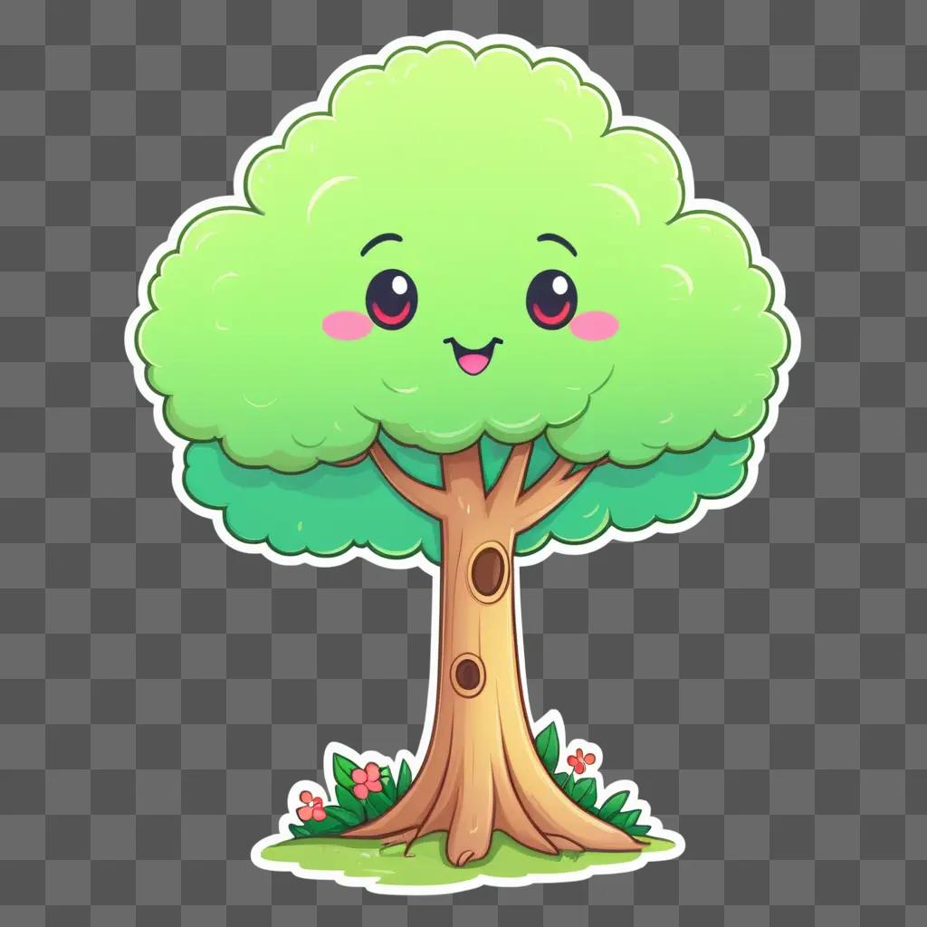 kawaii cute tree drawing on a green background