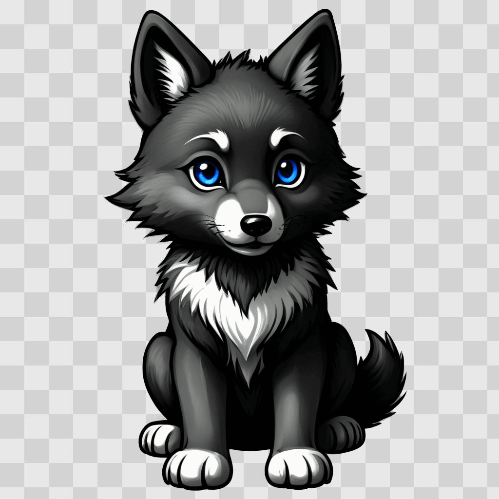 kawaii cute wolf drawing A cartoon wolf with blue eyes and a black and white body