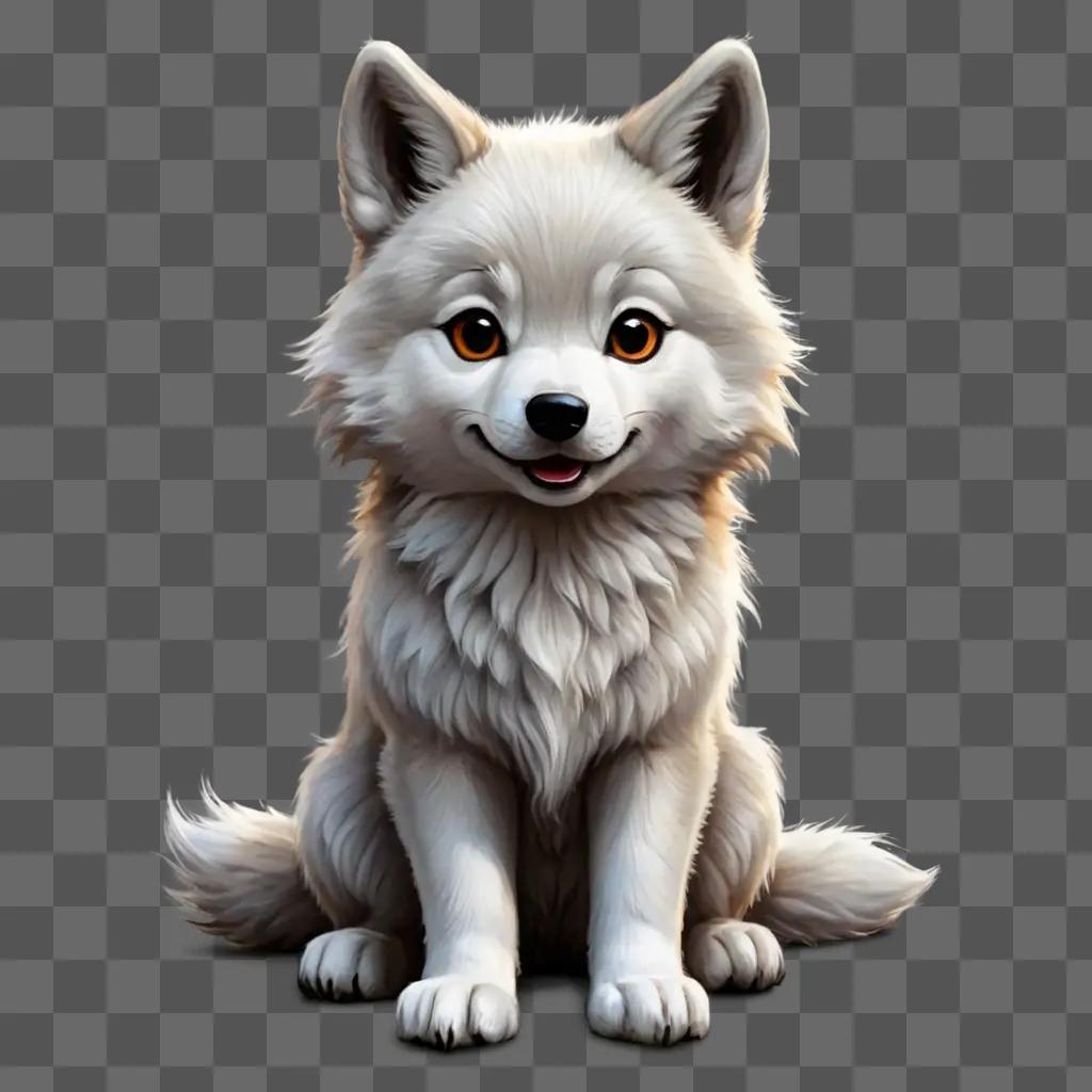 kawaii cute wolf drawing A cute dog with orange eyes sits on a gray background