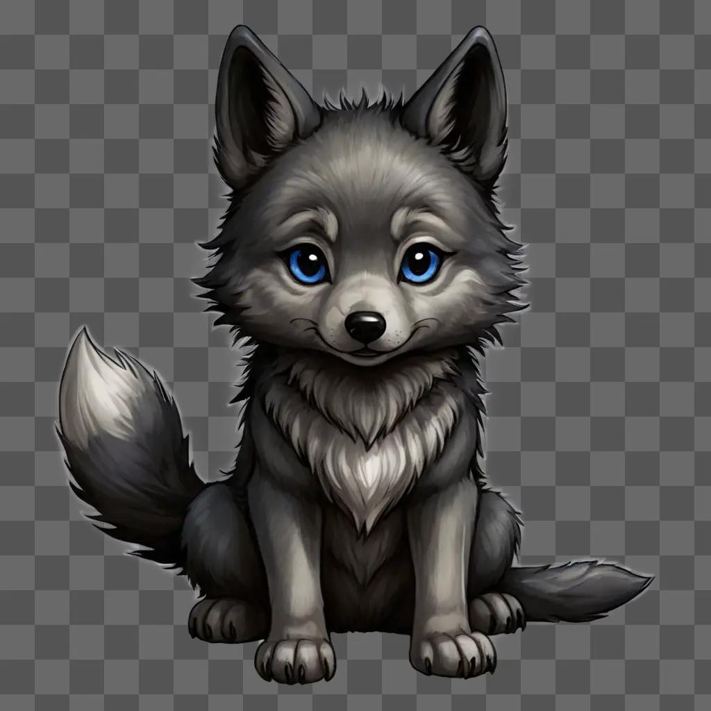 kawaii cute wolf drawing A cute gray wolf with blue eyes sits on a gray background