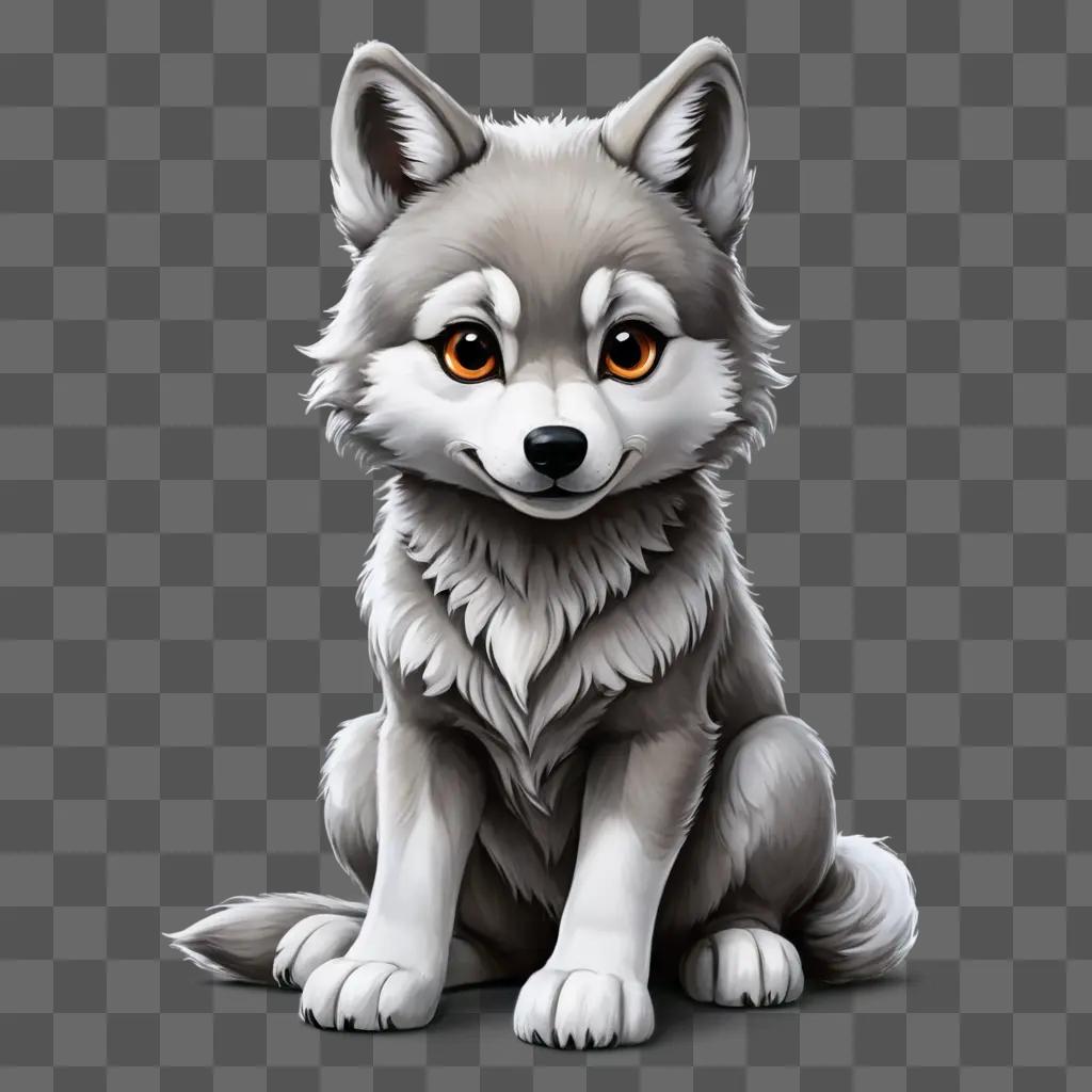 kawaii cute wolf drawing A cute wolf sits on a gray background