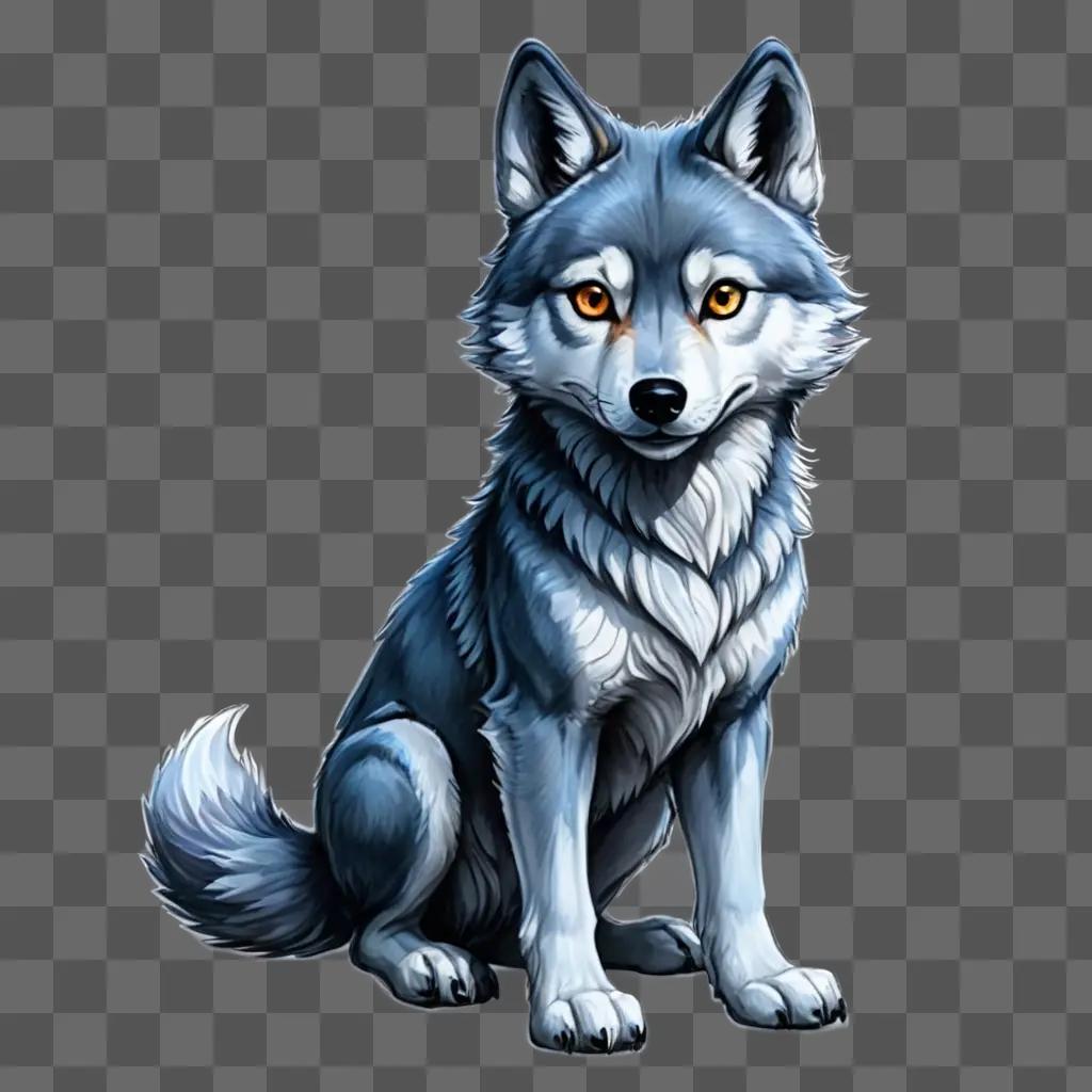 kawaii cute wolf drawing A gray wolf with orange eyes sits on the ground