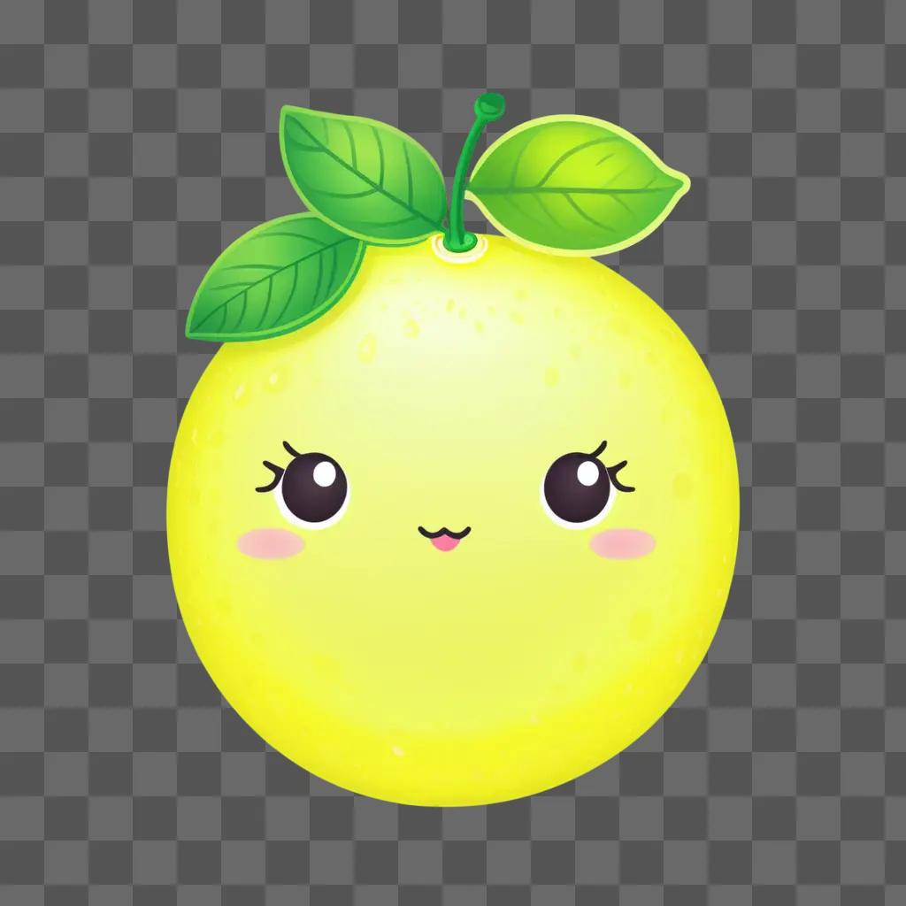 kawaii lemon drawing with a smiling face and green leaves