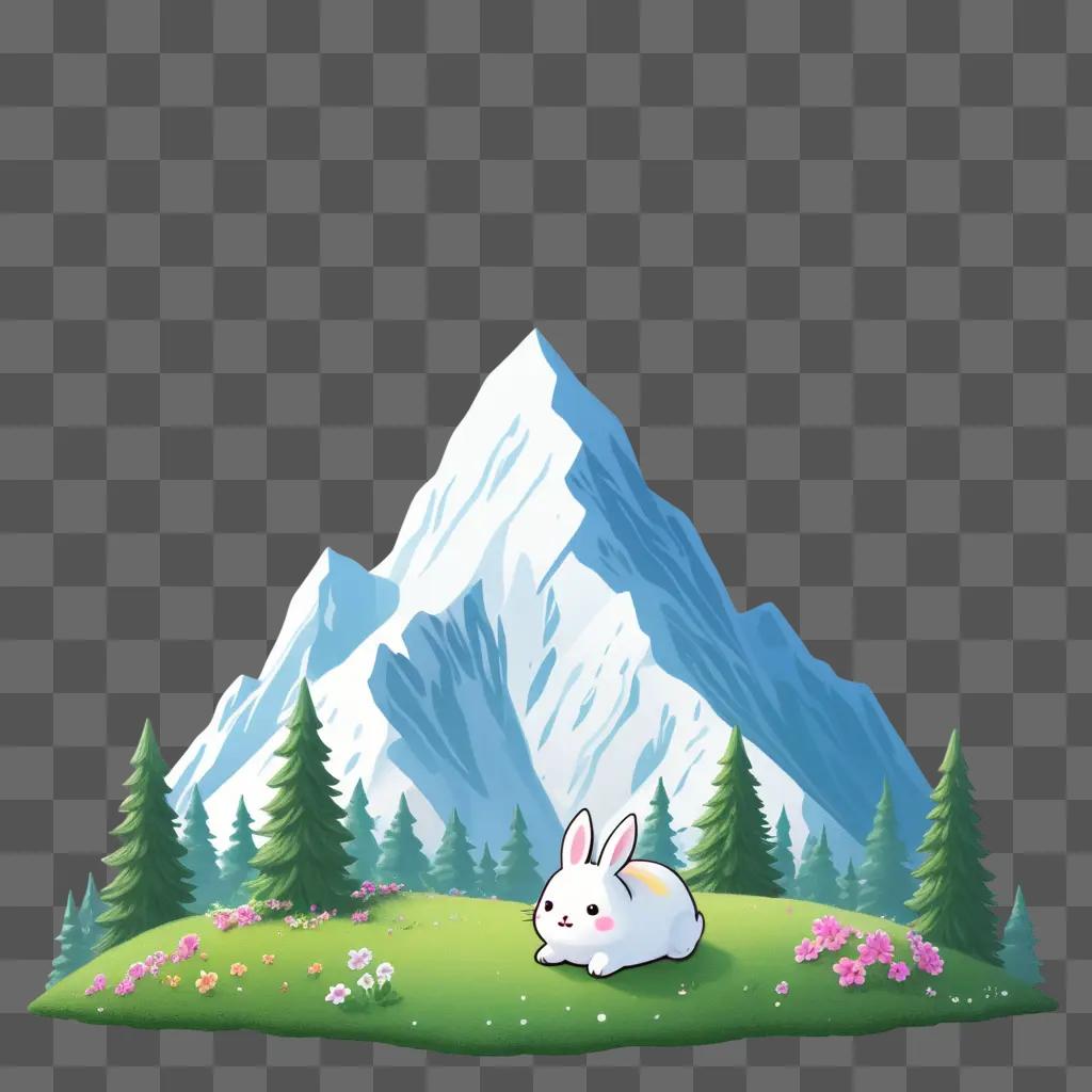 kawaii mountain drawing features a cute bunny in the grass