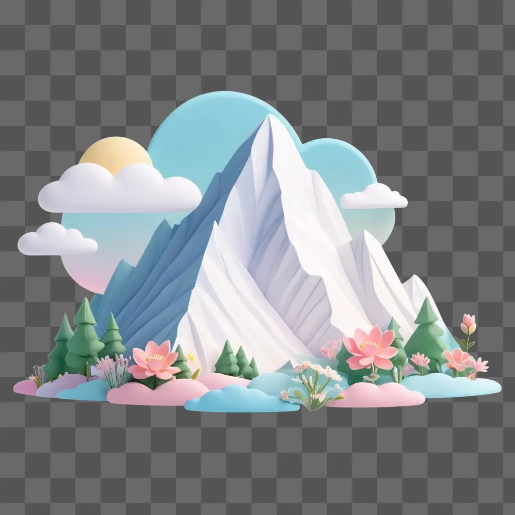 kawaii mountain drawing with pink flowers and clouds