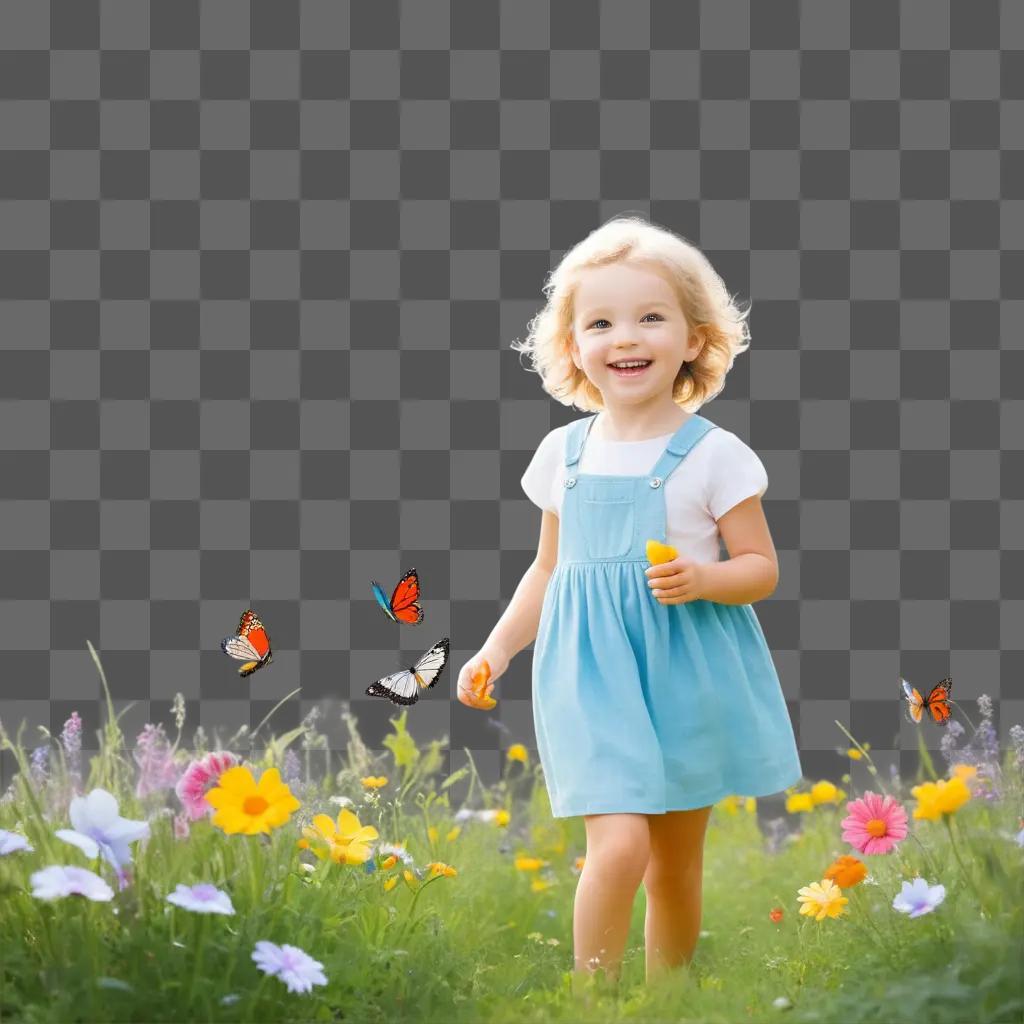 kid in a blue dress with butterflies around her