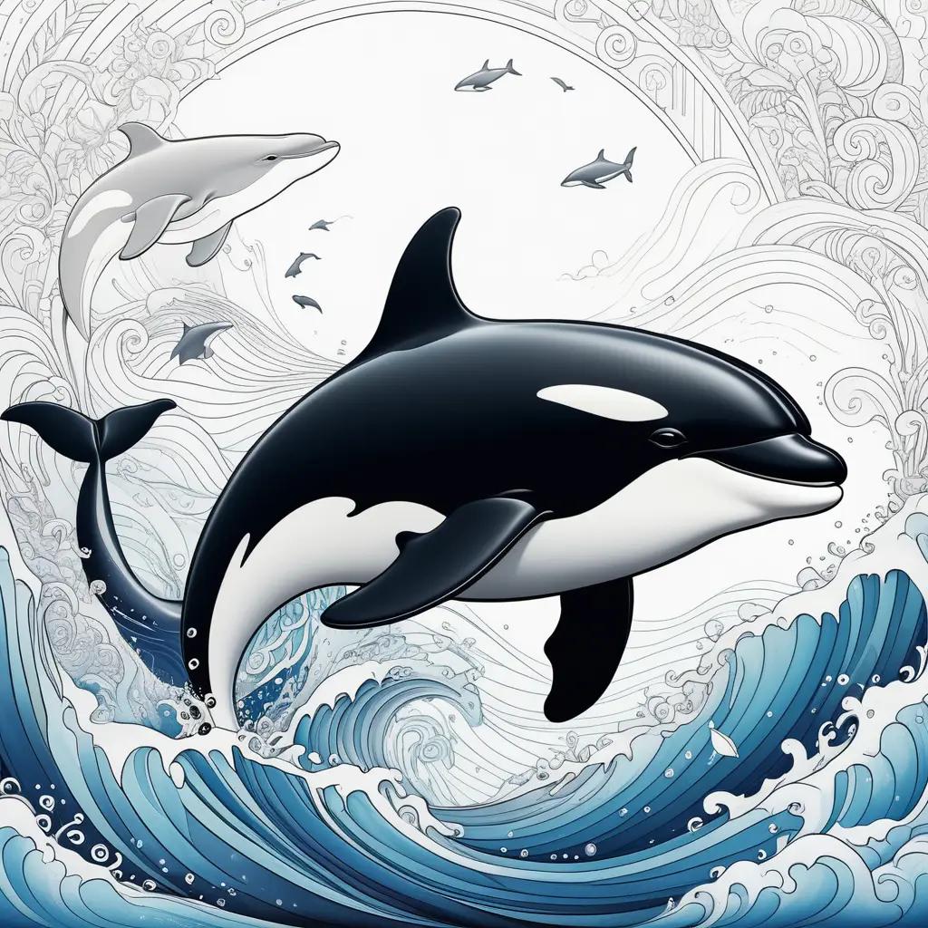 killer whale and other sea creatures on a colorful page