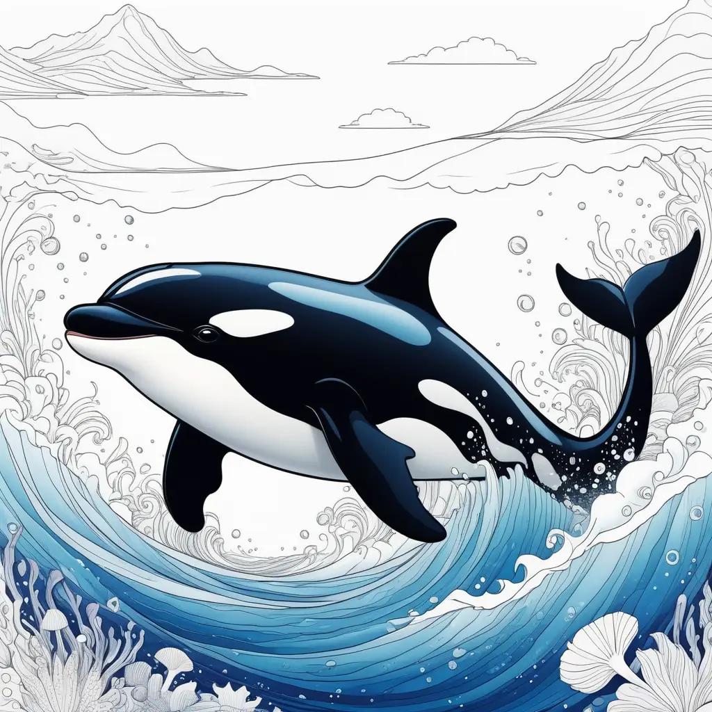 killer whale color page with waves and clouds