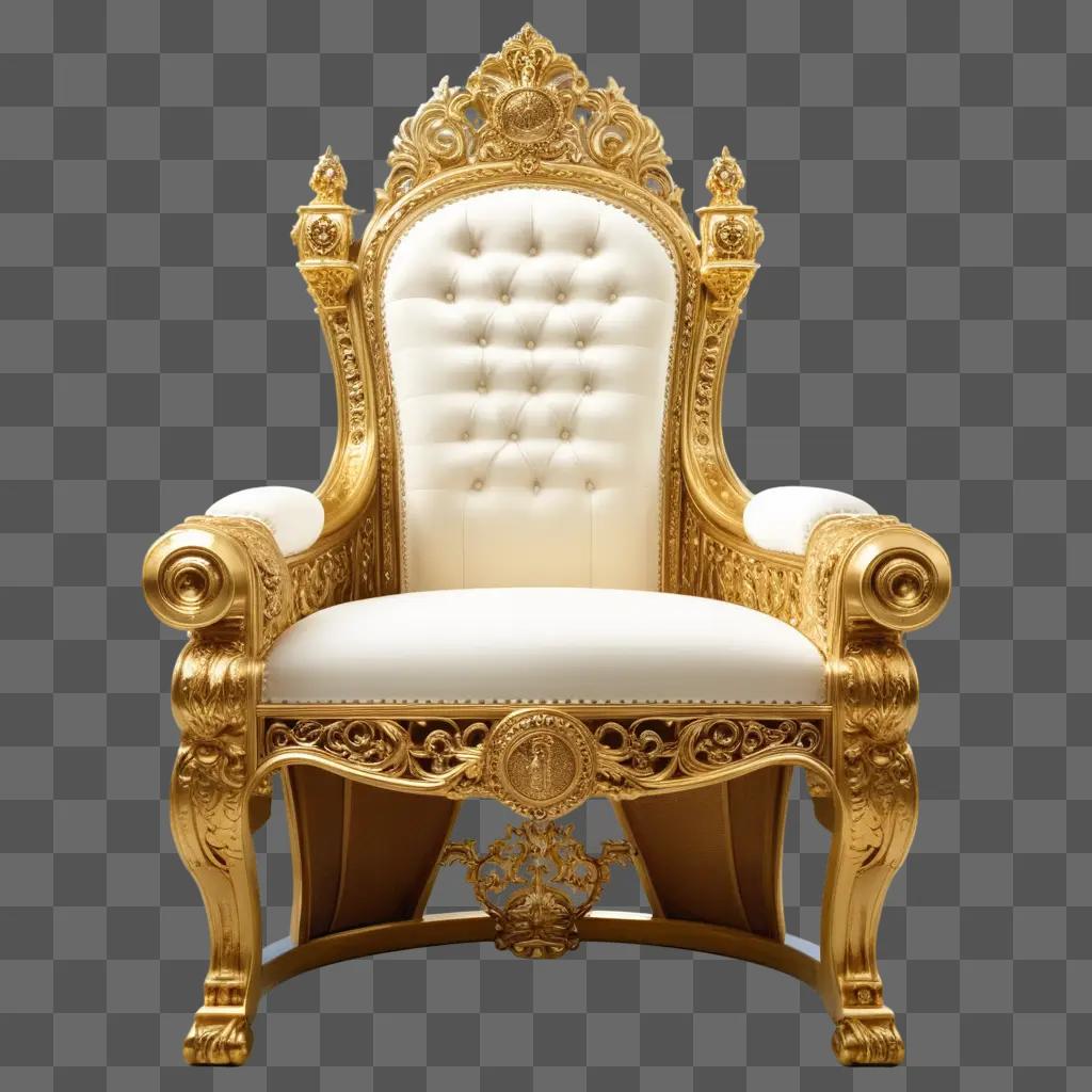 king chair with gold and white detailing on a beige wall