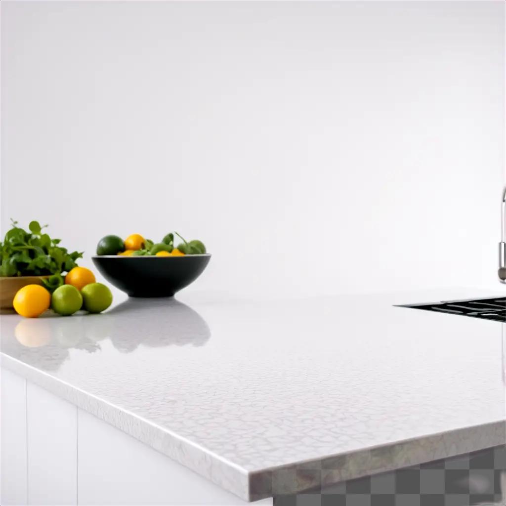 kitchen countertop with a bowl of fruit on it