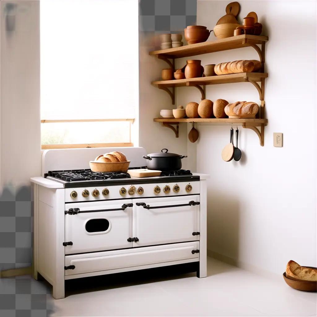 kitchen with an old stove and lots of wooden shelves