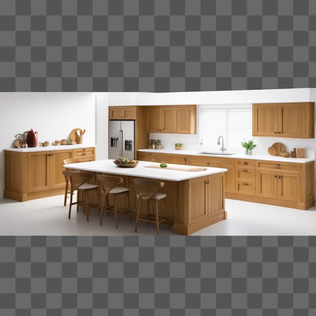 kitchen with wooden cabinets and wooden chairs and stools