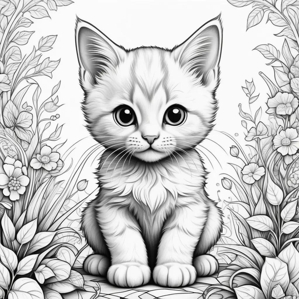 kitten coloring page featuring a black and white drawing of a cute kitten