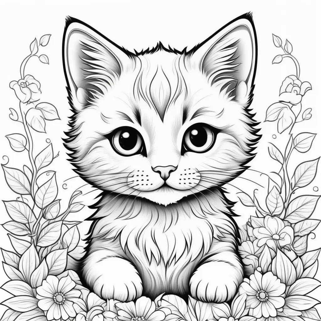 kitten coloring page with flowers and leaves