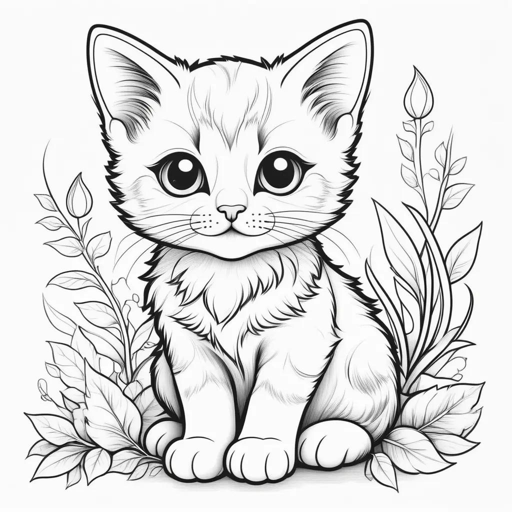 kitten coloring page with flowers and leaves