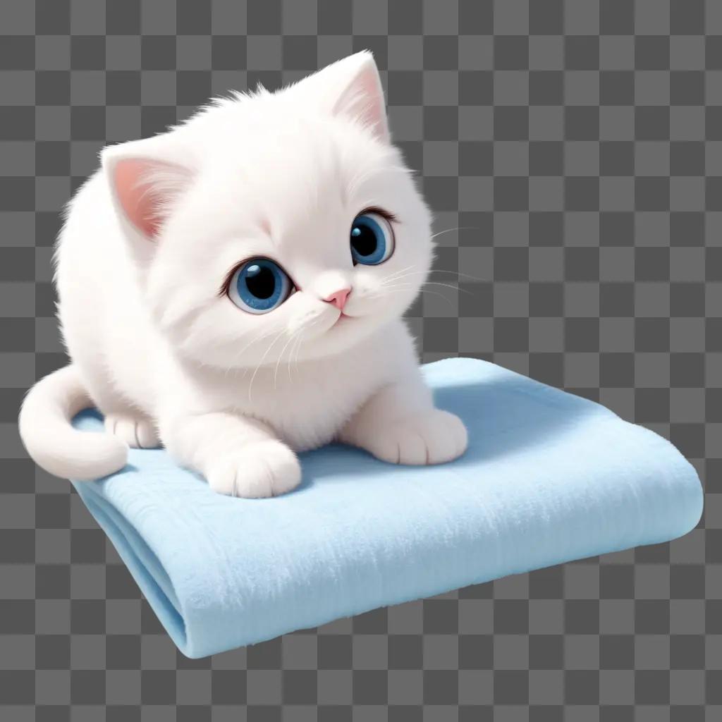 白い背景に青い毛布で絵を描く子猫