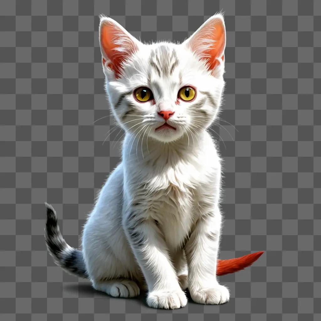 kitten illustrated A white cat with orange eyes and a red tail sits on a gray background