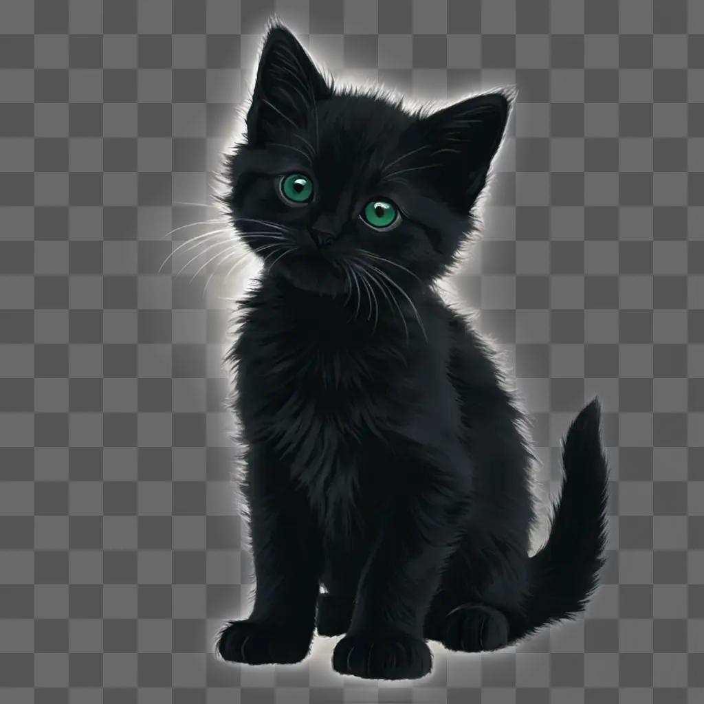 kitten silhouette Black cat with green eyes sitting on a grey background