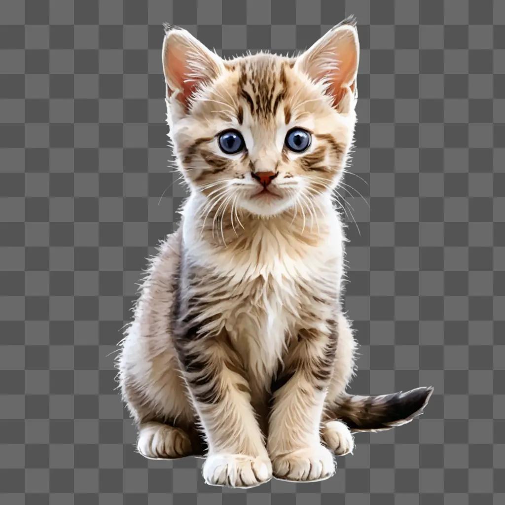 kitten sketch A kitten with blue eyes and a striped coat sits on a beige background