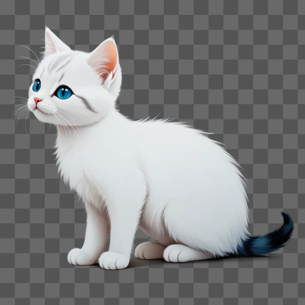 kitten with blue eyes and white fur is sitting on the side