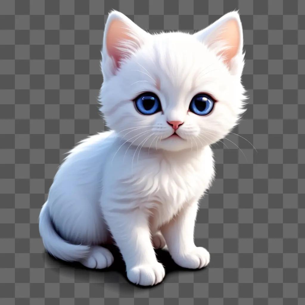 kitten with blue eyes and white fur sitting on a grey surface