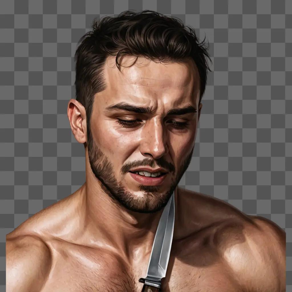 knife drawing A shirtless man with a knife in his chest