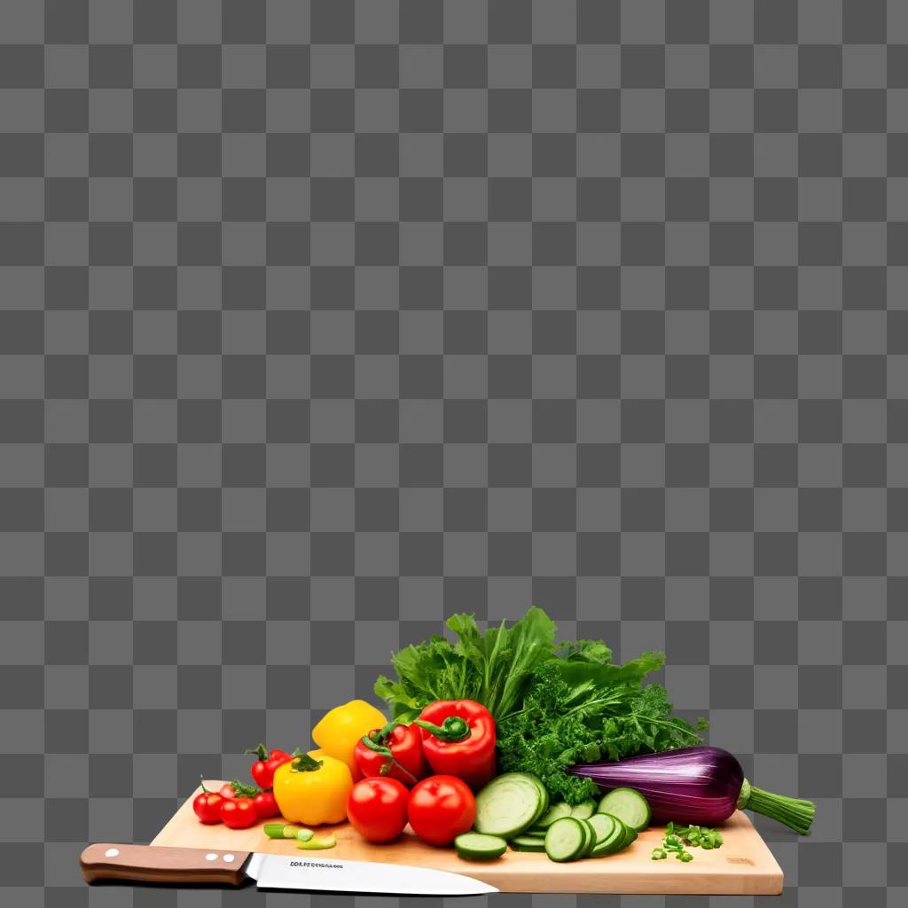 knife is resting on a cutting board with vegetables