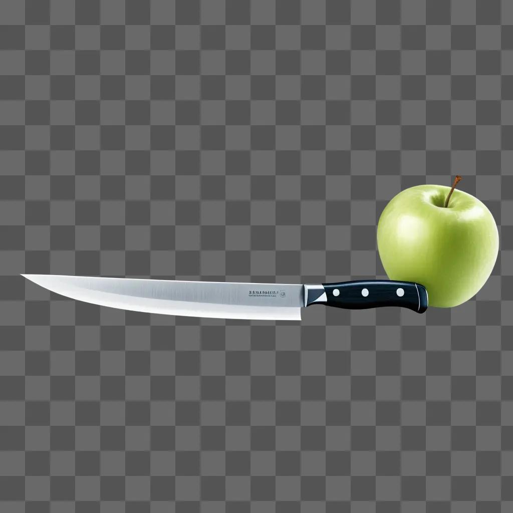 knife laying next to a green apple on a green background