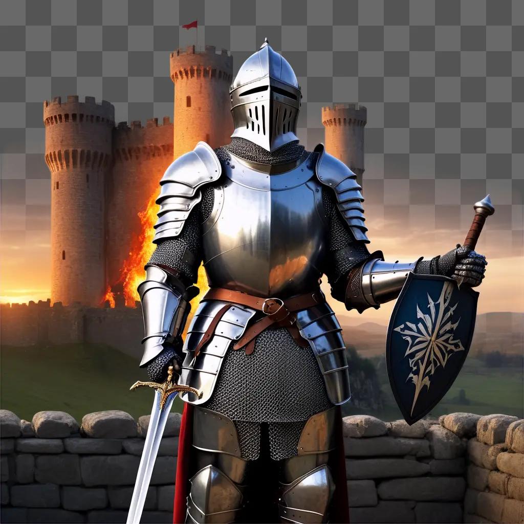 knight in armor stands in front of a castle