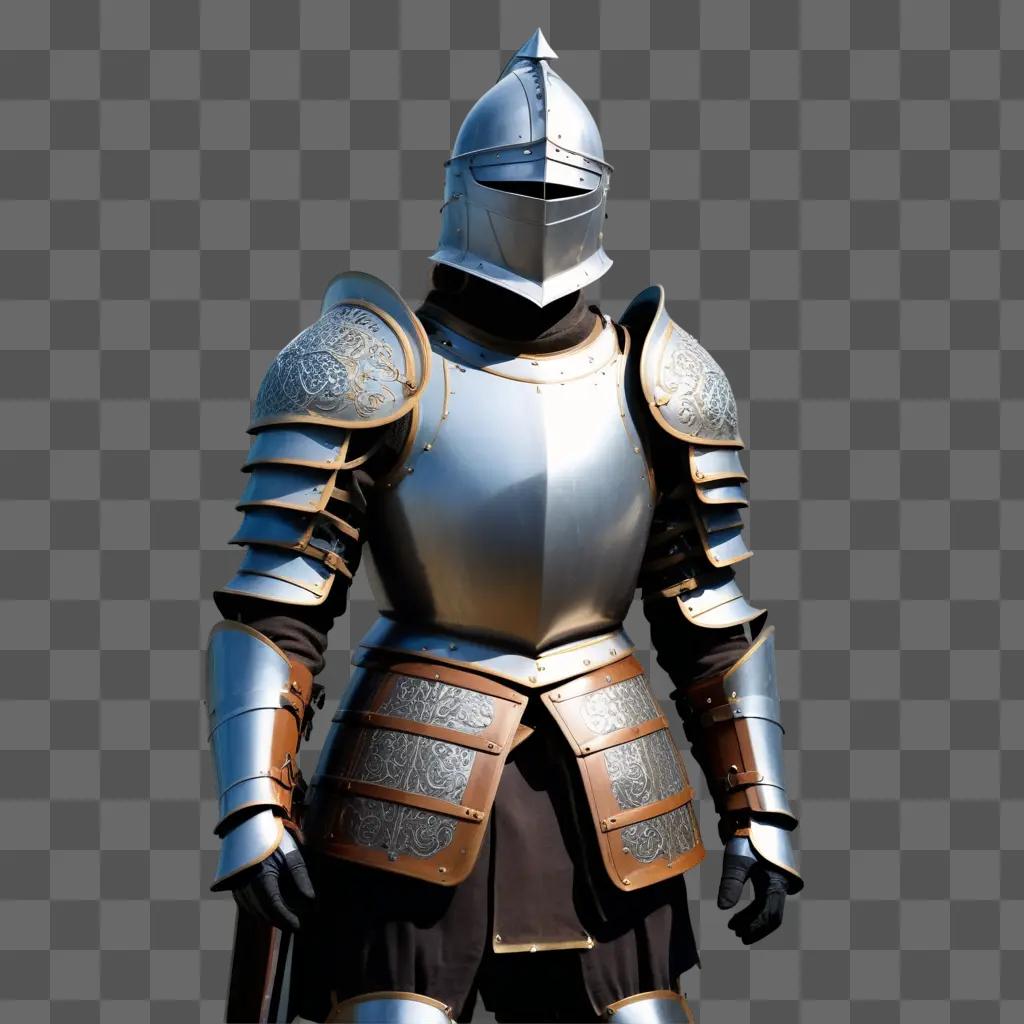 knight in shiny armor stands in a gray background